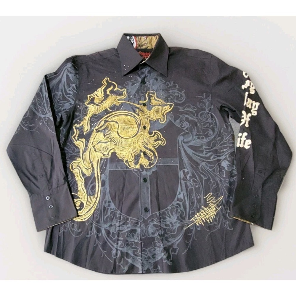 Rebel Spirit Men's XL Button-Up Shirt Black Gold Graphic Skull Cross Embroidered